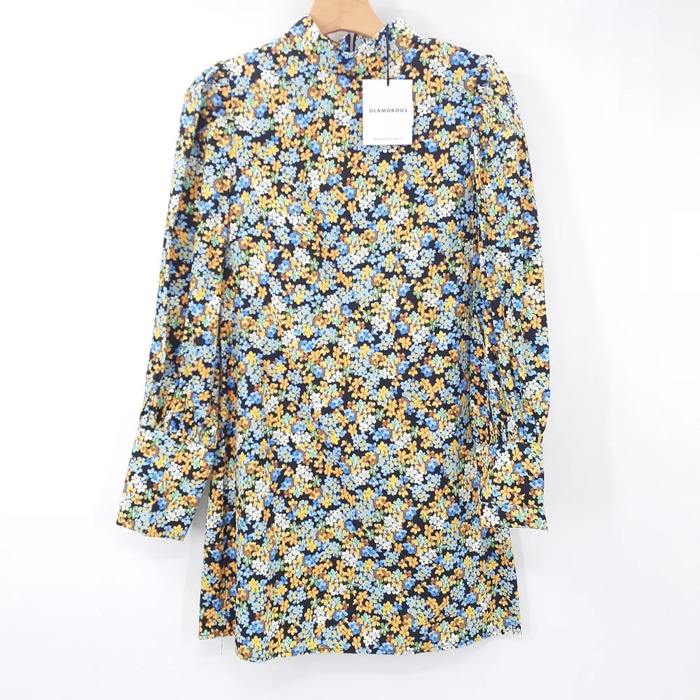 Glamorous Ditsy Floral Cotton Mini Dress Blue Green Multi US 6 NWT